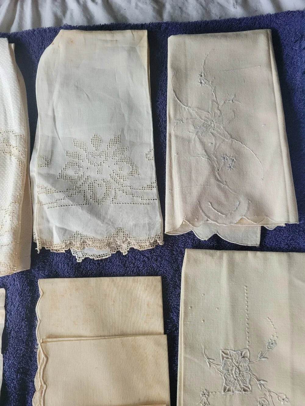 Source Unknown Cream and Blue Vintage Embroidered Table Linens Lot